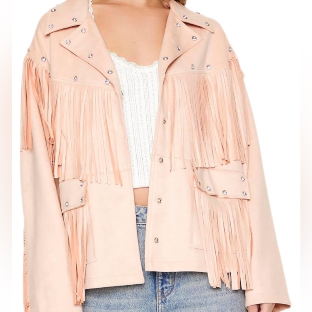 Forever 21 Pink Leather Fringe Gem Jacket Faux Leather and Gemstones Medium - Picture 5 of 6